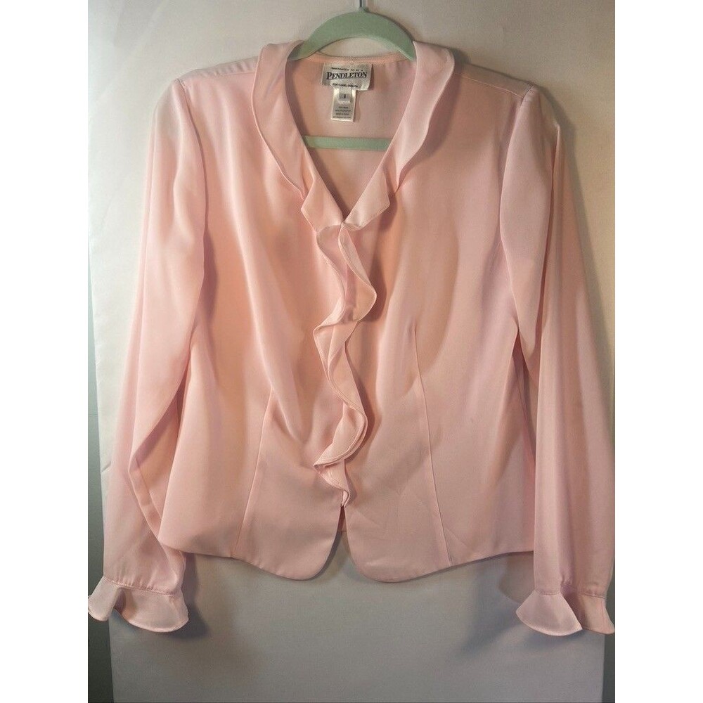 PENDLETON WOMENS SZ 6 PINK RUFFLE HOOK EYE V NECK LONG SLEEVE BLOUSE